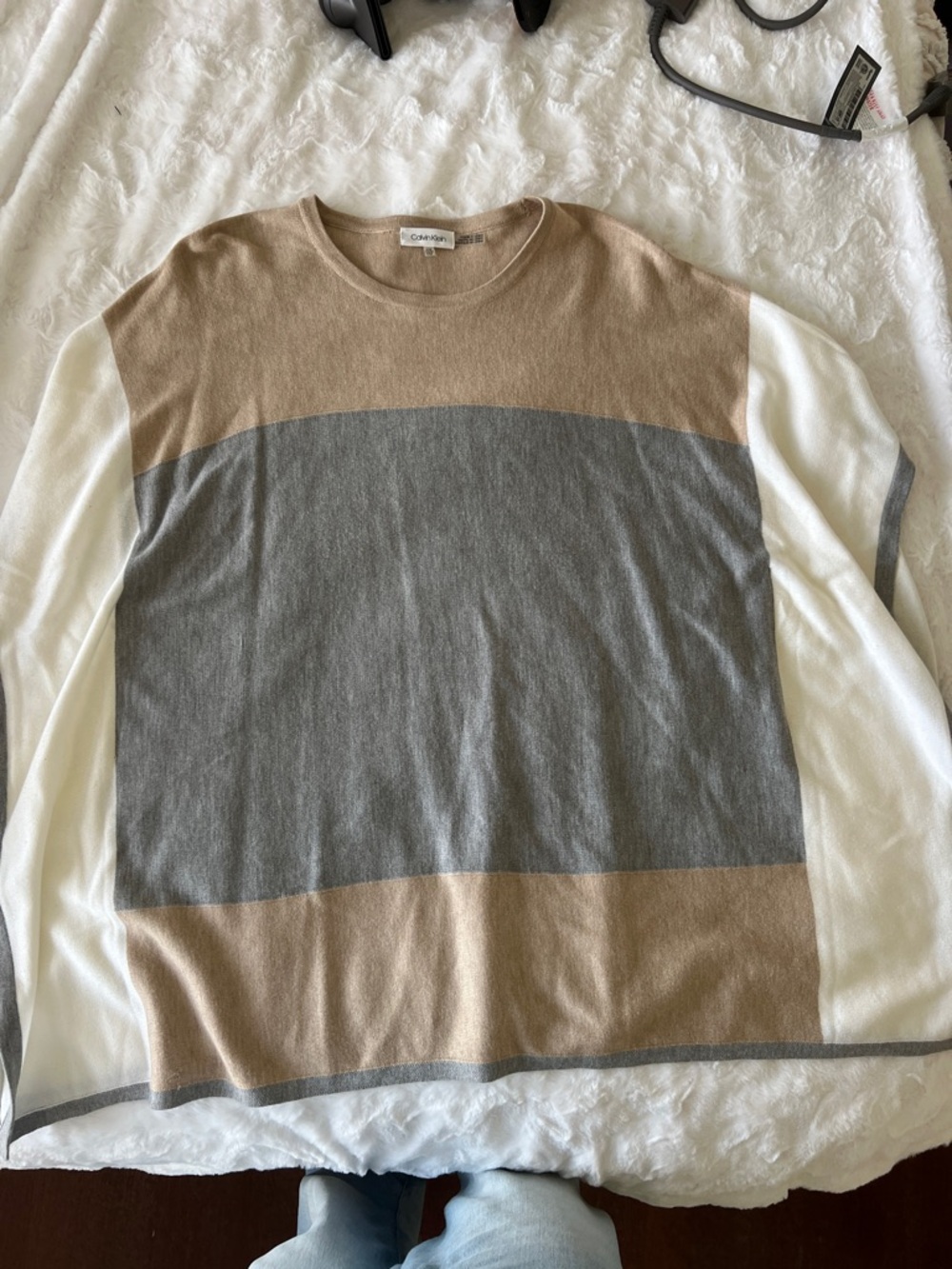 Calvin Klein Women's Colorblock Crewneck Sweater in Tan, Gray & White